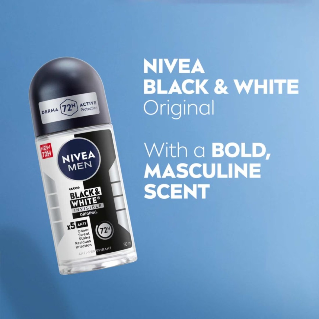 NIVEA MEN Black &amp; White Invisible Antiperspirant Roll-On Deodorant, Original, 72H Active Protection, 50ml
