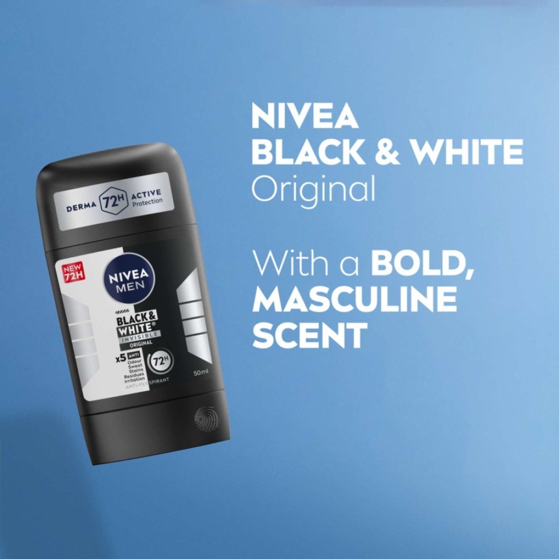 NIVEA MEN Black &amp; White Invisible Antiperspirant Deodorant Stick, Original, 72H Active Protection, 50ml, Pack of 2