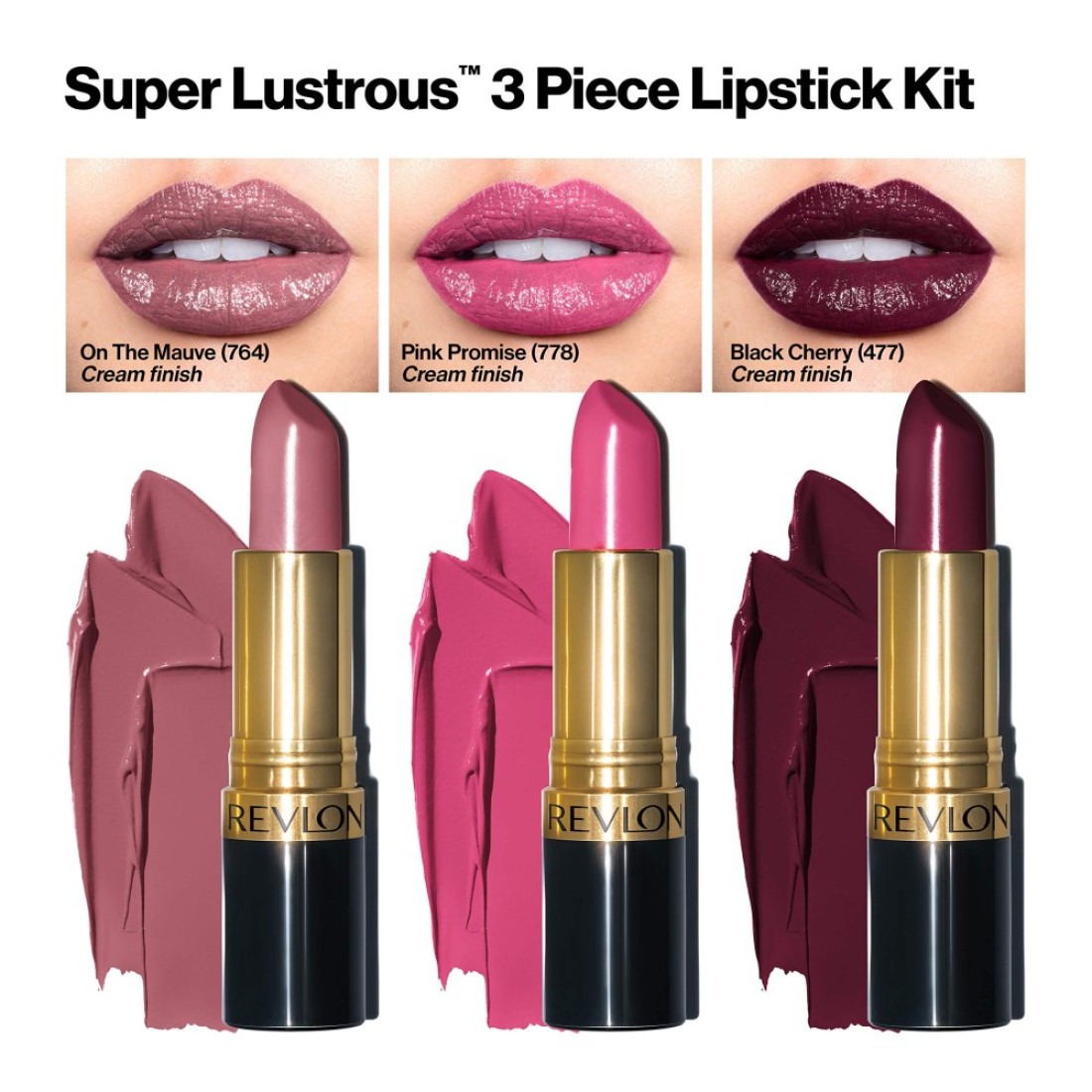 REVLONLipstick Set Super Lustrous 3 Piece Gift Set High Impact Moisturizing Cream Finish in Pink Plum Berry Pack of 3