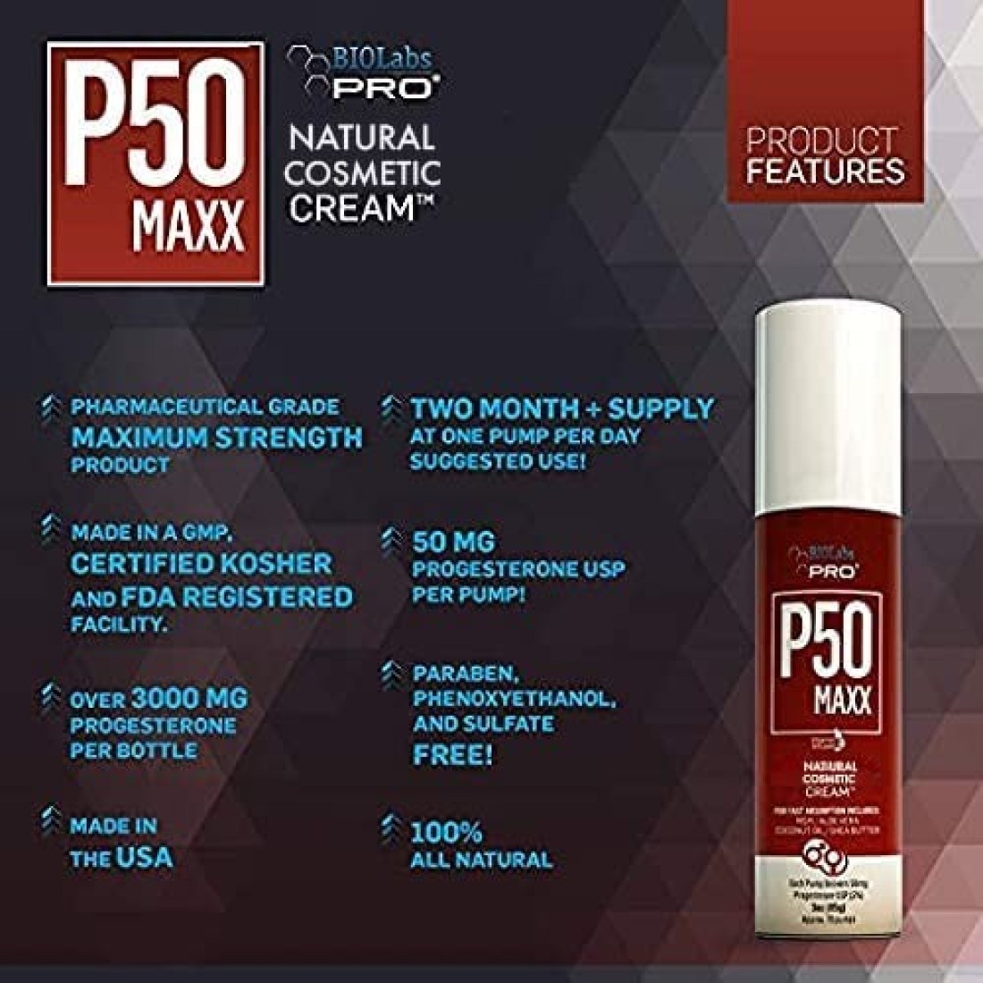 BIOLABS PRO All Natural P50 Maxx Cream 50mg Progesterone per Dose Unscented3oz