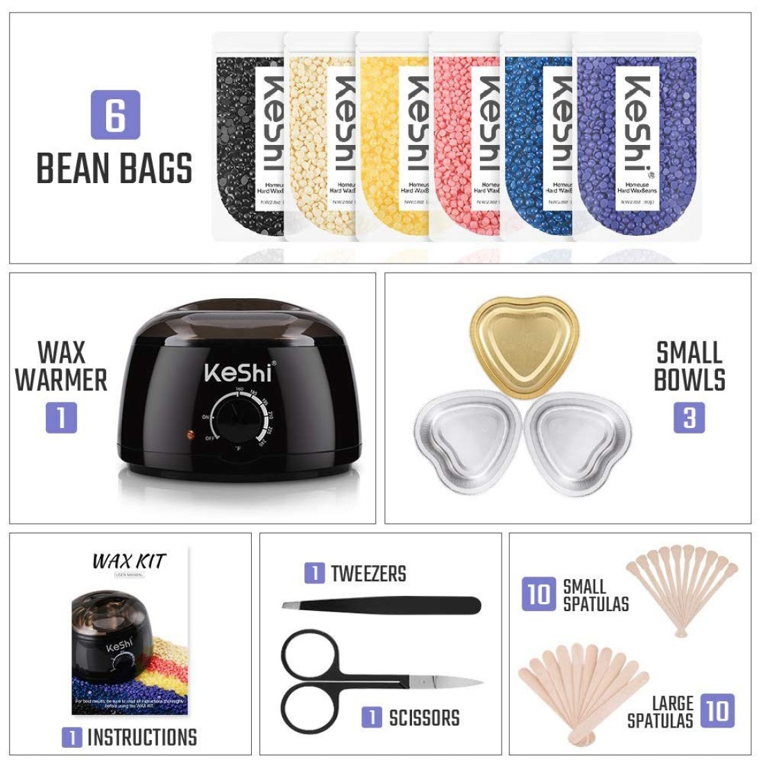 Brazilian Waxing Kit KeShi Wax Warmer for Painless Hair Removal with 5 Bags Hard Wax Beans for Full Body Legs Face Eyebrows Bikini Wax for Women Men