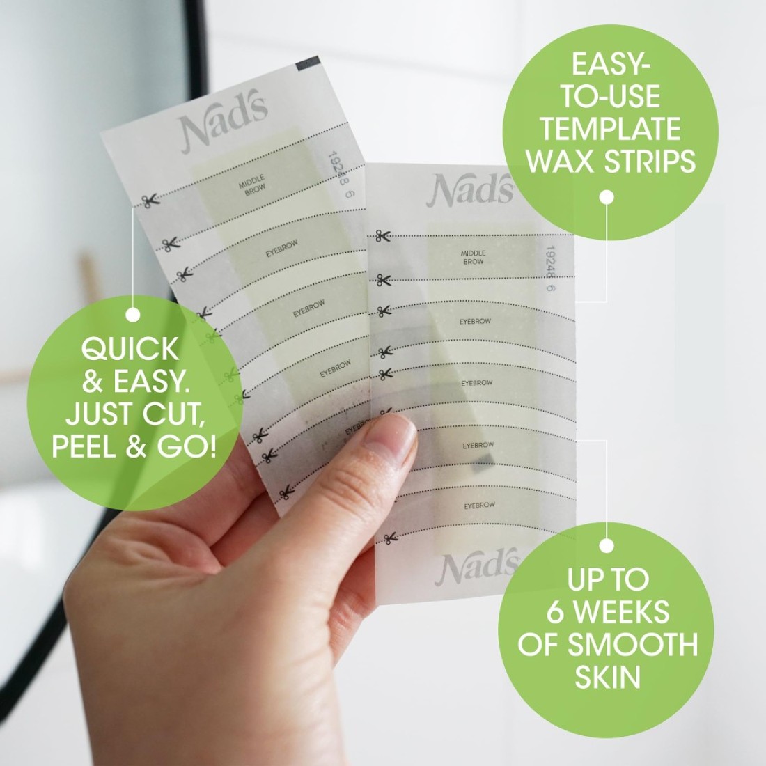 Nads Eyebrow Wax Strips Facial Hair Removal for Women Eyebrow Wax Kit with 6 Eyebrow Waxing Strips 6 Calming Oil Wipes 2g Skin Protection Powder 1 Count