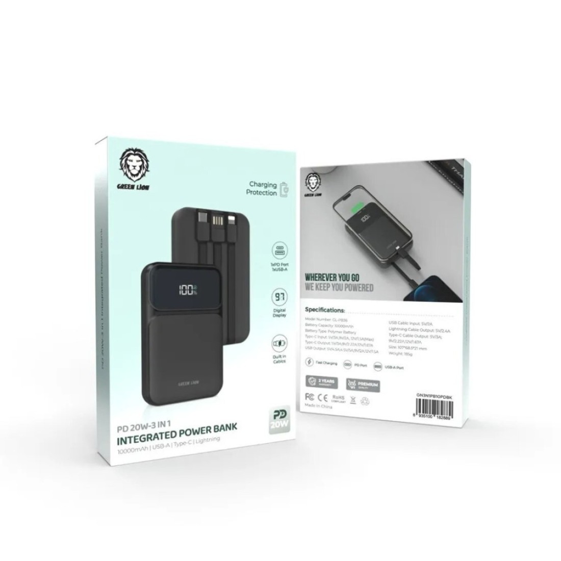 Green Lion PD 20W 3 in 1 Integrated Power Bank, 10000mAh, Charging Protection, PD 20W Fast Charging, Digital Display, Built-in Cables, Compact and Portable Design