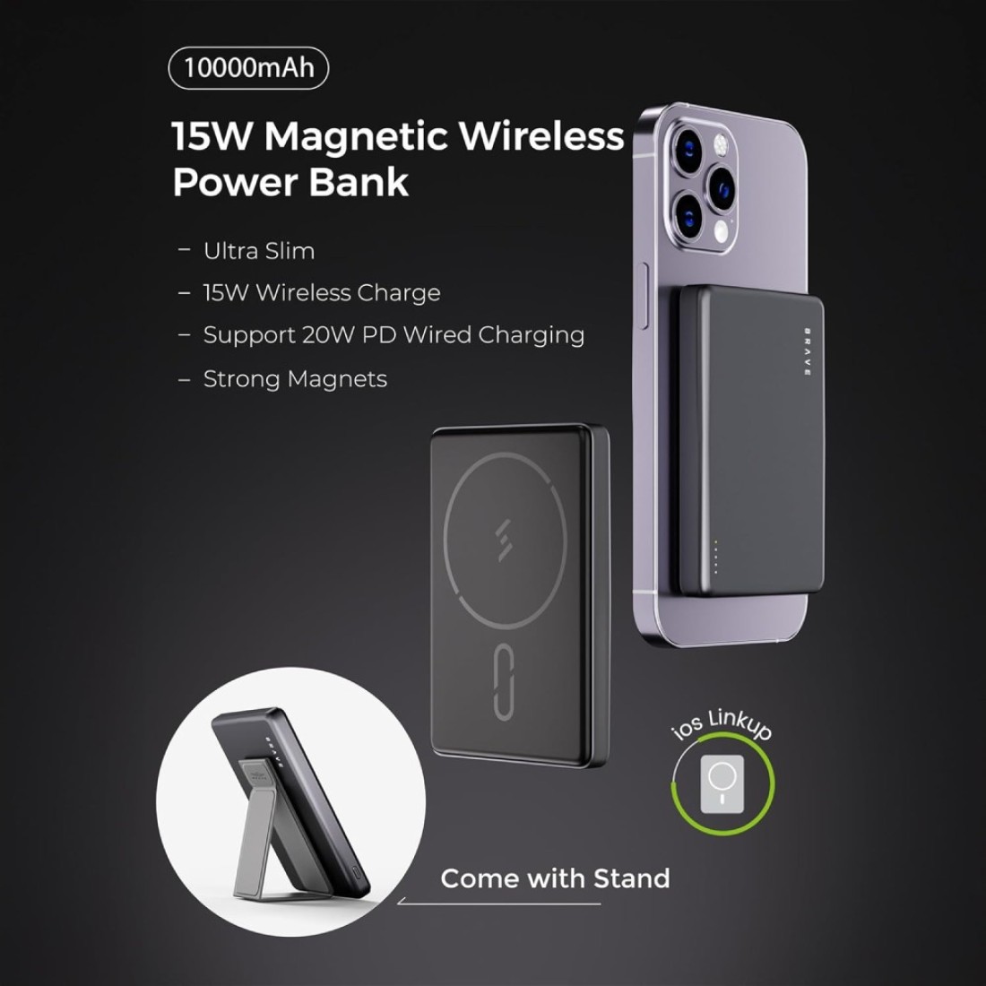 BRAVE 10,000mAh Magnetic Wireless Power Bank with Stand, 15W Wireless Portable Charger with 20W USB C Charging, MagSafe Battery for iPhone 16/16 Pro/16 Pro Max, Samsung S24/S23/S22 - BP-20