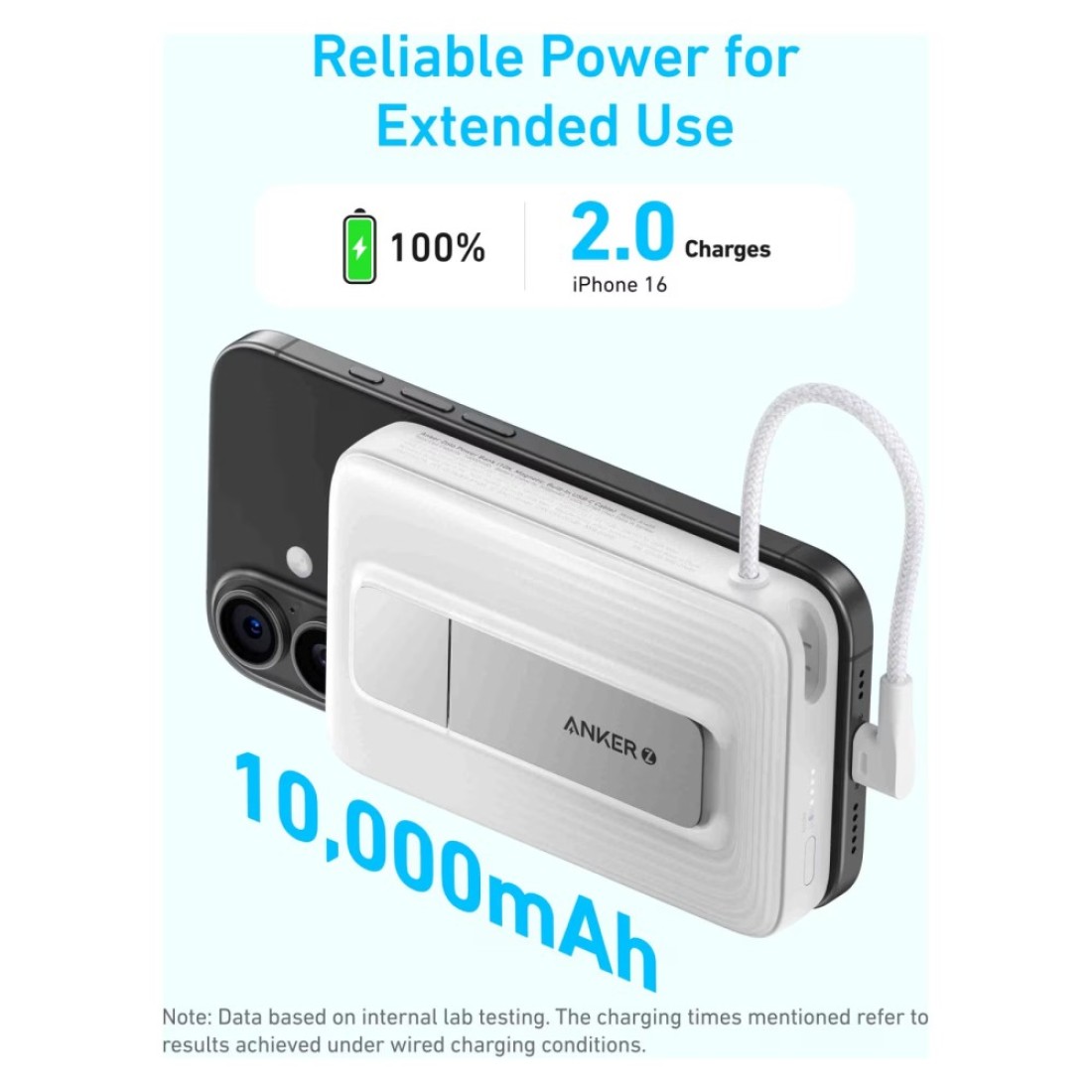 أنكر بنك طاقة مغناطيسي مع كابل USB-C مدمج، 10000 مللي أمبير في الساعة - أزرق