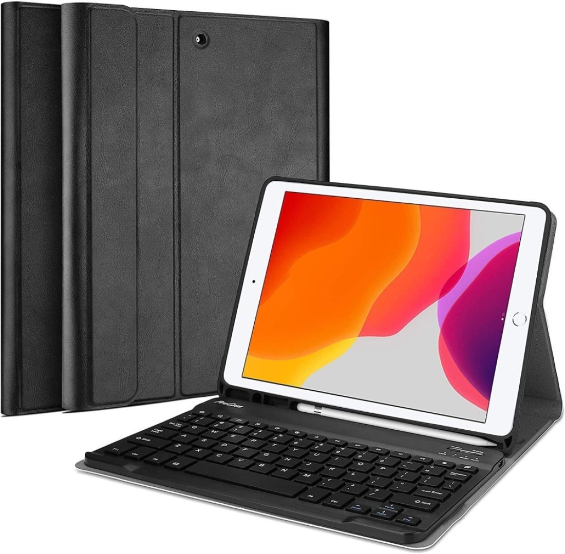Ntech Keyboard Case For New iPad 8Th Gen (2020) / 7Th Generation (2019) 10.2 Inch, Soft TPU Back Stand Cover With Pencil Holder, Magnetically Detachable Wireless Bluetooth Keyboard, Black Ntech