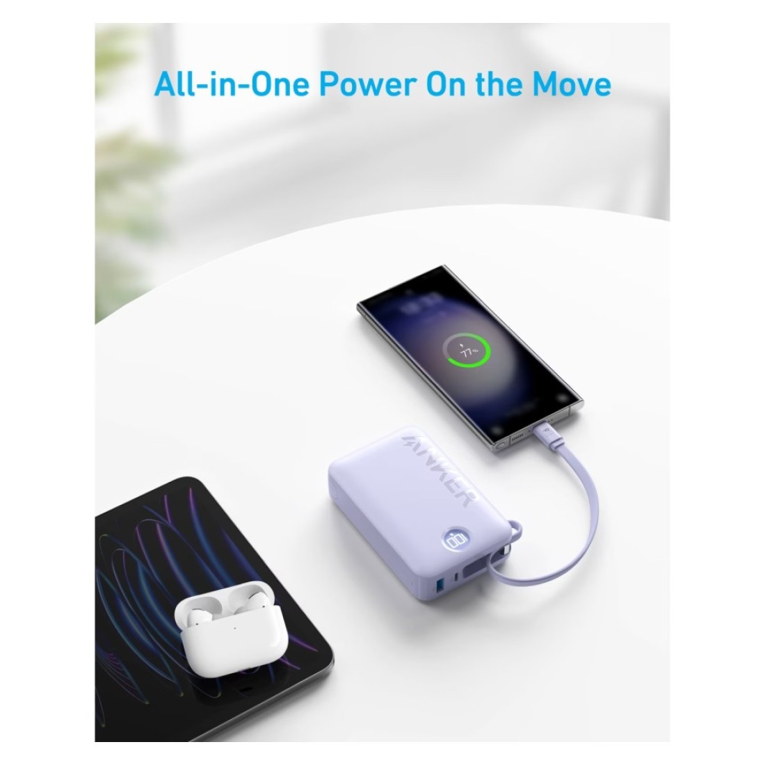 أنكر باور بانك مع كابل شحن USB-C مدمج إلى USB-C - أسود 20000 مللي أمبير