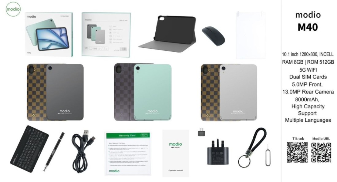 Modio M40 10.1inch Tablet Pc, 8GB RAM+512GB ROM, Real Incell Screen Display, Keyboard+Mouse Pad, Leather Case (Green)