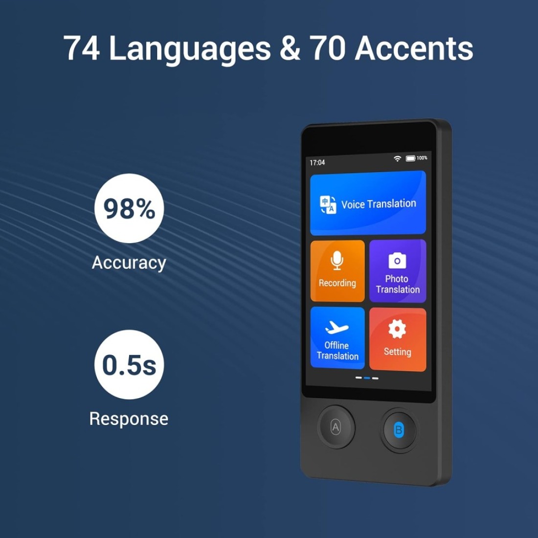 Language Translator Device Support for 138 Languages Real Time Offline/Online Instant Two Way Voice and Photo Translation 4&rdquo; Touchscreen for Travel, Business, and Language Learning

