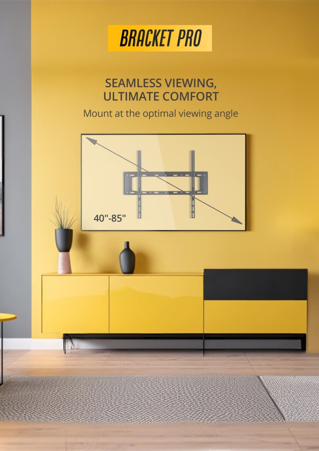 Bracket Pro Fixed TV Wall Mount for 40-85 Inch Screens &ndash; Heavy-Duty Steel, Ultra Slim &amp; Space-Saving &ndash; Supports VESA 200x200 to 600x500 &ndash; Holds up to 143lbs (65kg) &ndash; Easy Installation - BPF4085