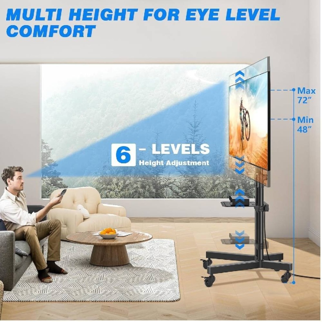Rolling TV Stand, Mobile TV Stand with Upgraded Wheels For 32-70 Inch LCD LED OLED Flat Screen TVs up to 50 kg, Height Adjustable TV Stand With Laptop Shelf