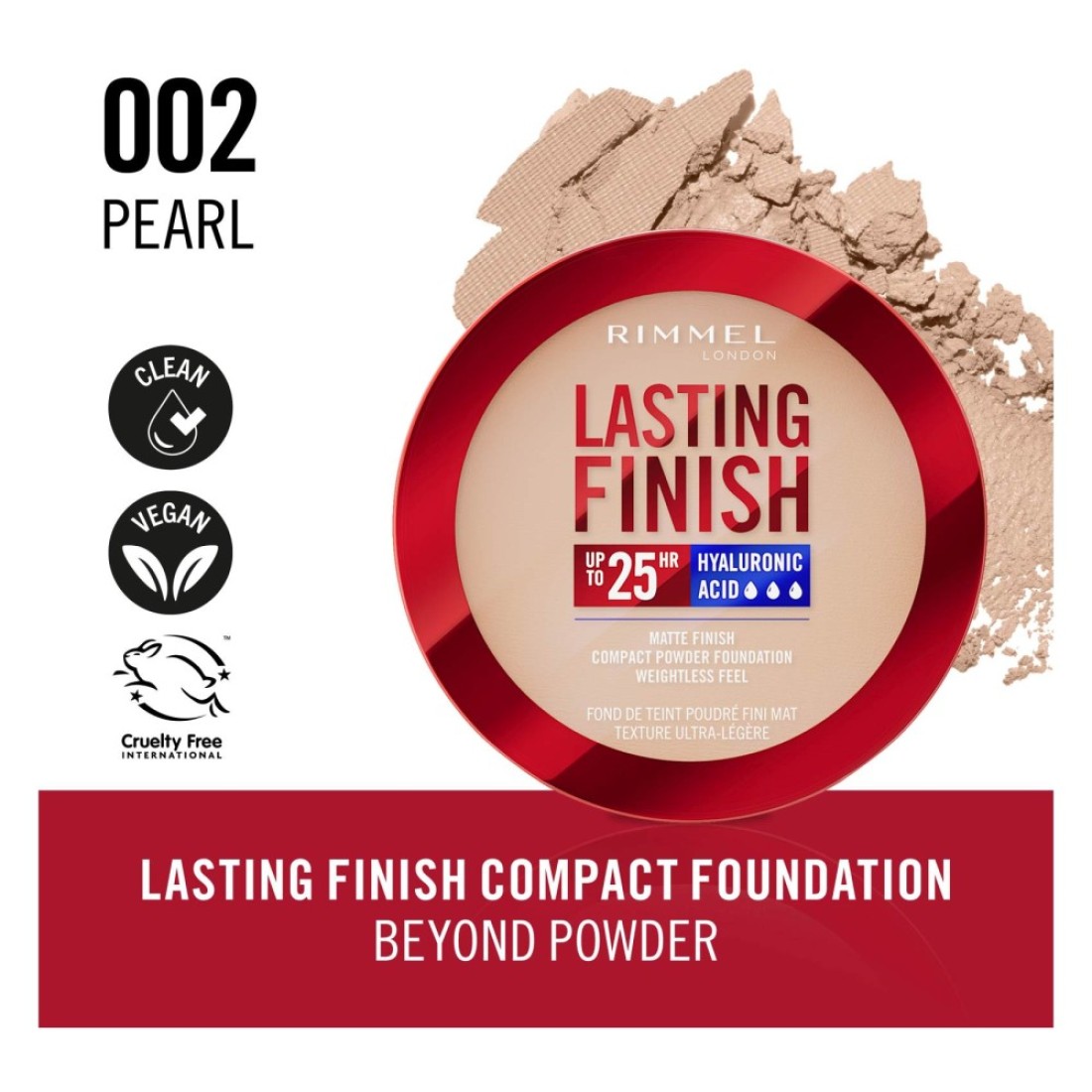 Rimmel London Lasting Finish 25H Hyaluronic Acid Matte Finish Compact Powder Foundation, 002 Pearl, 7g