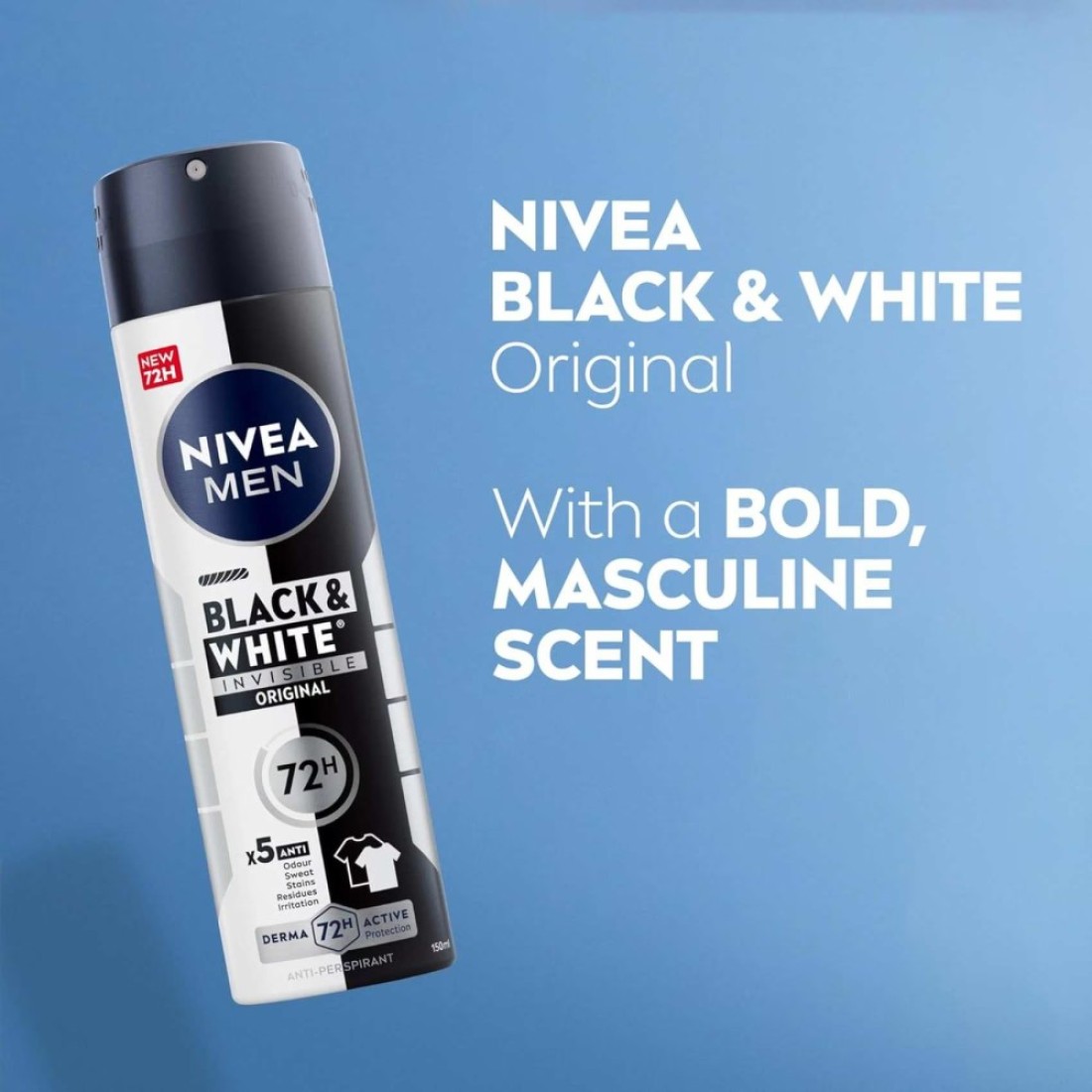 NIVEA MEN Black &amp; White Invisible Antiperspirant Deodorant Spray, Original, 72H Active Protection, 150ml