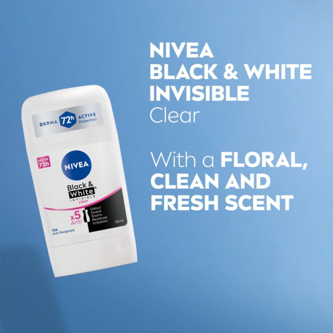 NIVEA Black &amp; White Invisible Antiperspirant Deodorant Stick for Women, Clear, 72H Active Protection, 50ml, Pack of 2