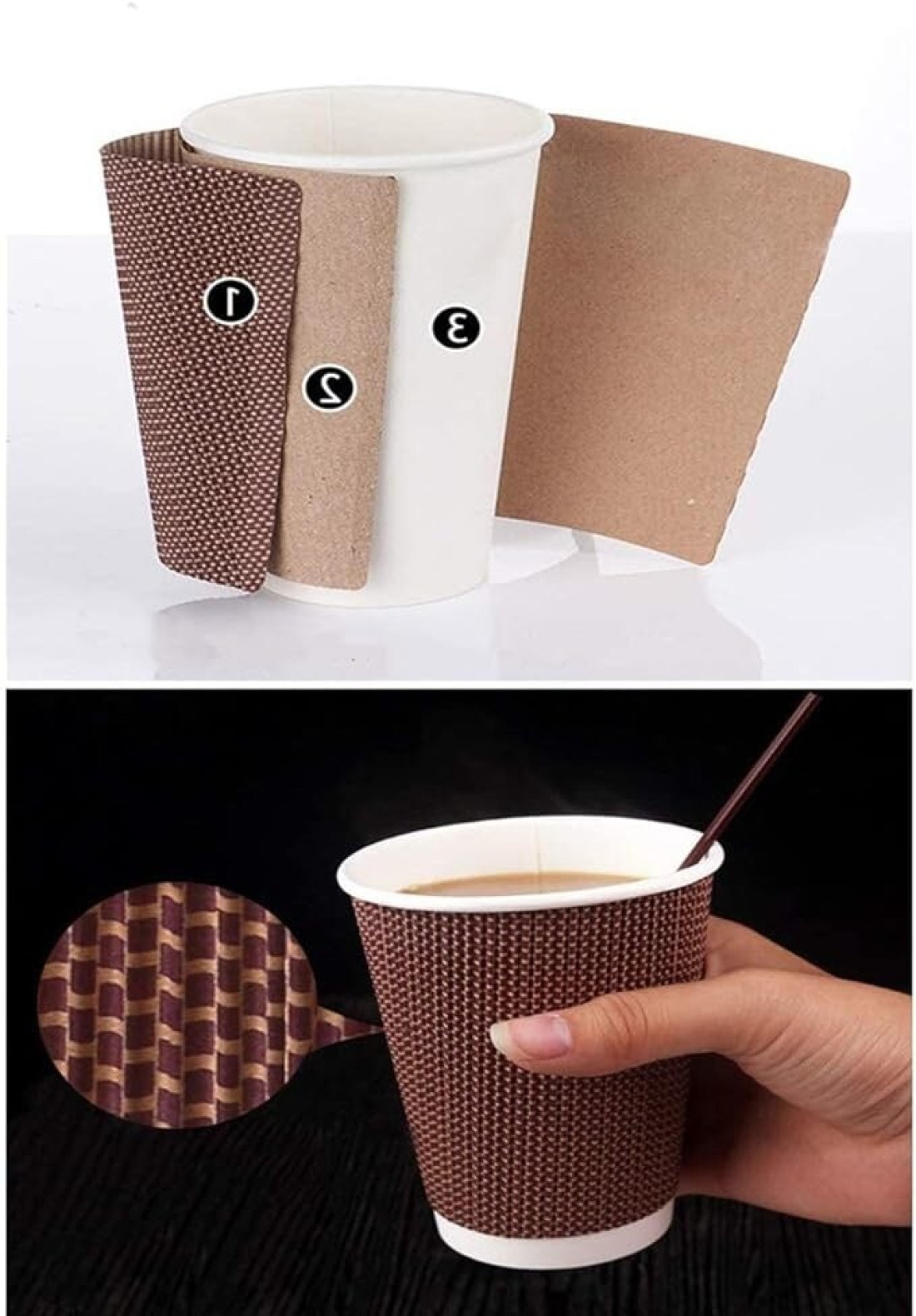 YESOCEA- Drinking Glass&mdash;50 Disposable Coffee Cup Insulation Spiral Embossed Paper Cups With Lids (8 oz, Brown Cups With Lids)