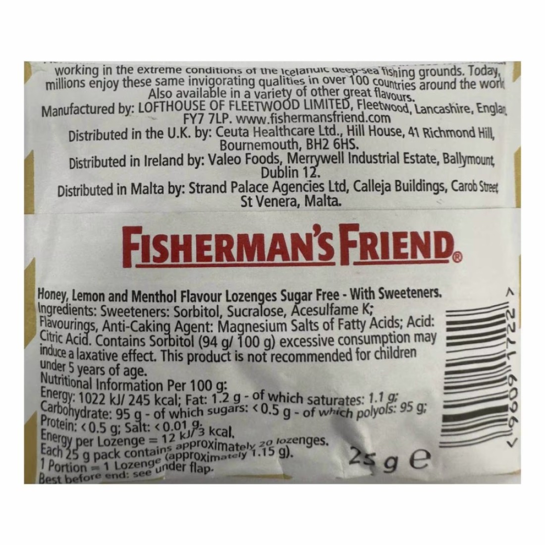 Fisherman&#39;s Friend Menthol Flavour Lozenges with Sweetener Honey and Lemon 25g