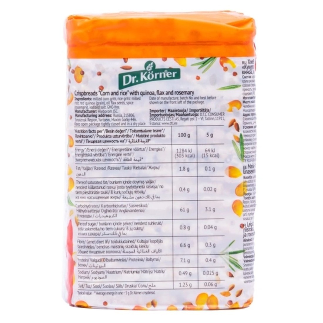 Dr. Korner Corn and Rice Thin Crispbreads with Quinoa Flax and Rosemary Superfood 100g