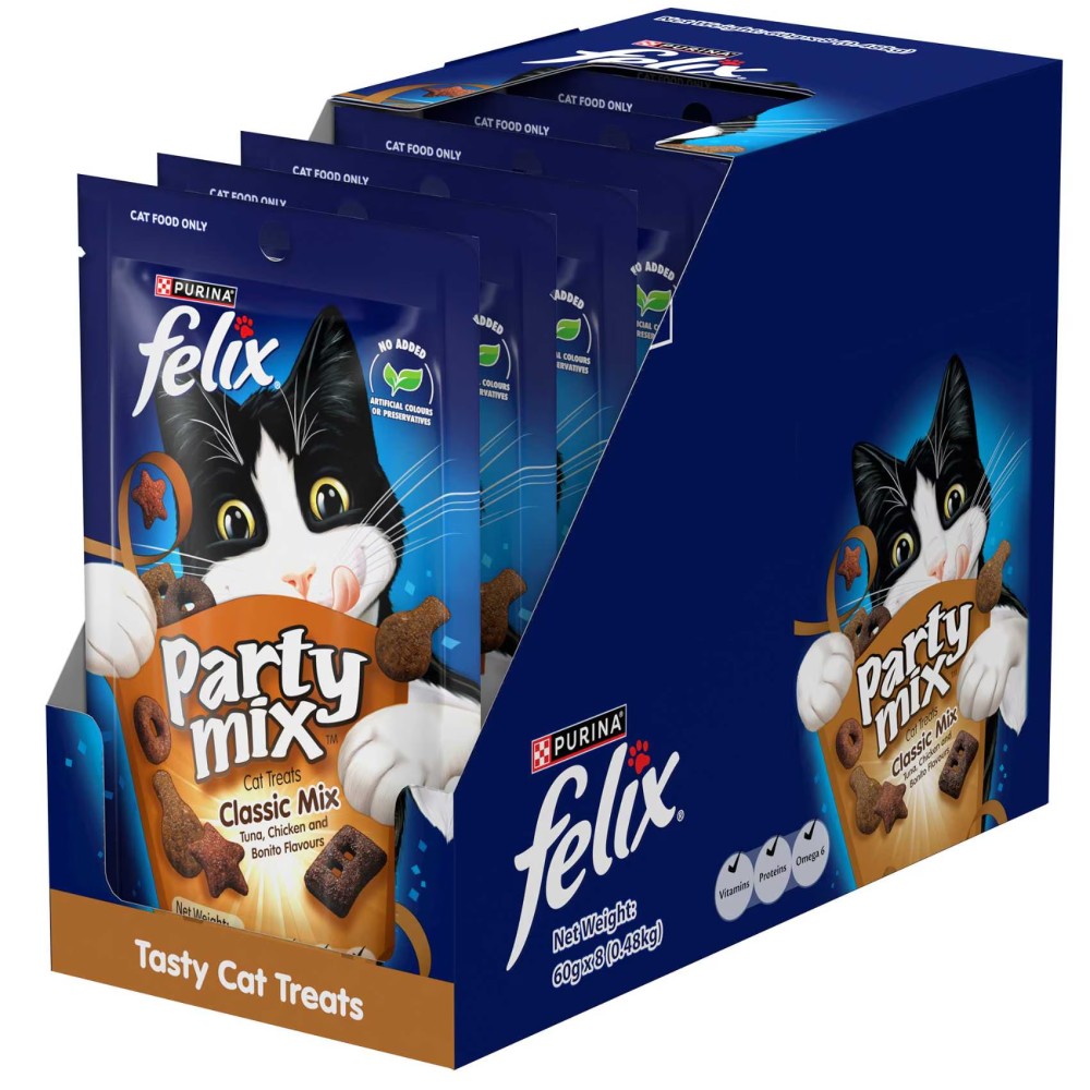 Purina Felix Party Mix Classic Mix Dry Cat Treats, 60g Pack of 8