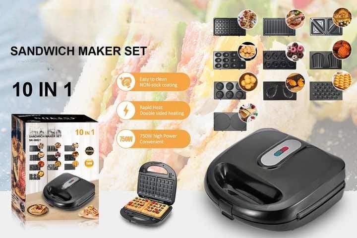 Sprintee 10 in 1 Sandwich Maker 750W Multi Function Machine with Changeable Plates for Waffle, Grill, Donut, Sandwich, 5 Cookie Designs, Nut Shapes, & Cone Maker Non Stick Coating