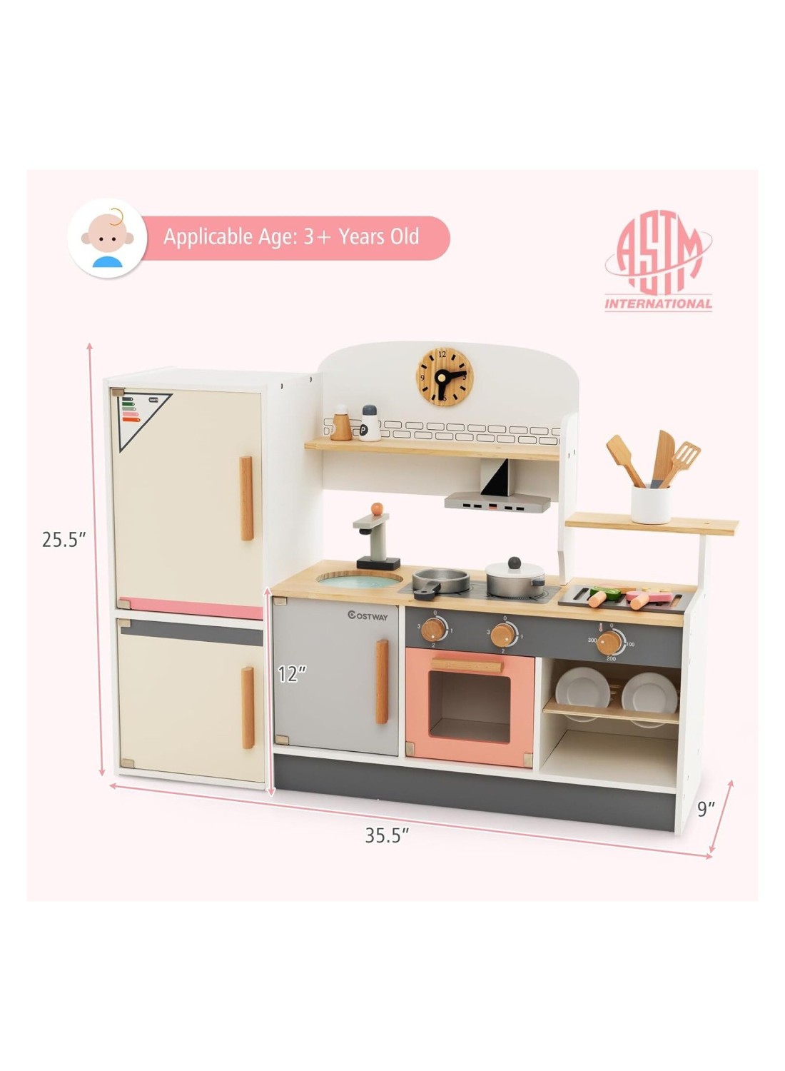3-in-1 Wooden Kids Kitchen Playset &ndash; Natural Pretend Toy Kitchen with Refrigerator, Barbecue Grill, Range Hood, and Bowl Rack for Toddlers Little Chef Play Set