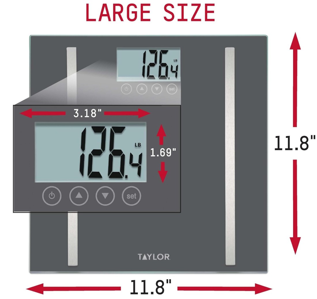 Taylor Digital Body Composition Scale, Bathroom Scale for Body Weight, Measures Body Fat, Body Water &amp; Muscle Mass, 8 User Recognition, Normal &amp; Athlete Modes, FSA HSA Eligible, 400 lb Capacity, Black