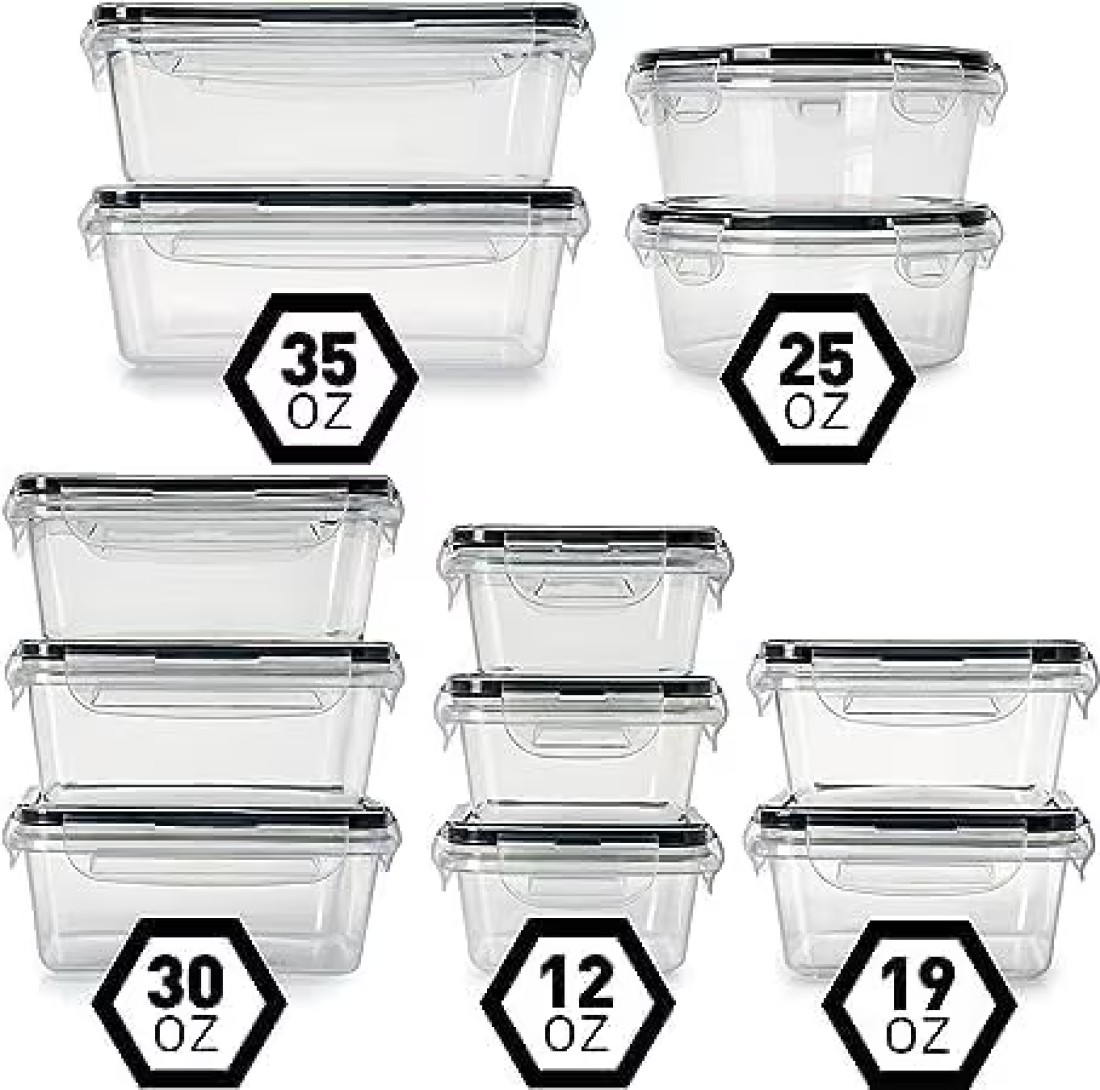 MahMir&reg; Airtight Meal Prep Container Set with Locking Lids, 12pcs Re-usable Plastic Food Storage Containers, Stackable Kitchen Organizer Boxes, BPA Free &amp; Microwave Freezer Dishwasher Safe (12pcs Set)