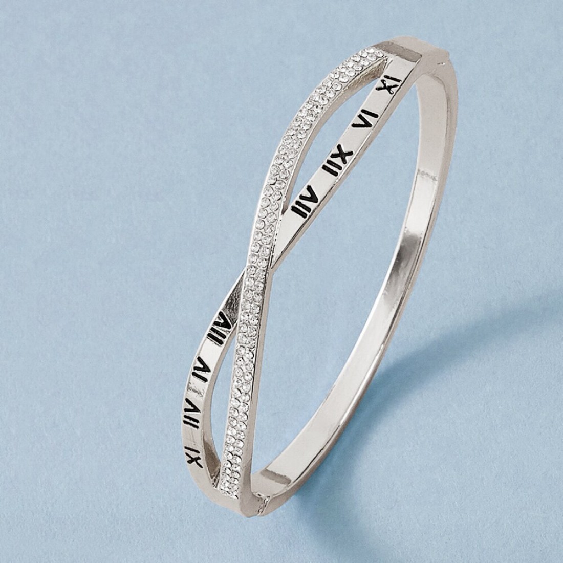 JANNAH Women&#39;s Fashion Bracelet | Roman Numerals Classic Thin Cross Bangle with Cubic Zirconia Inlaid Bracelet Jewelry Gifts for Women Ladies (Silver Plated)