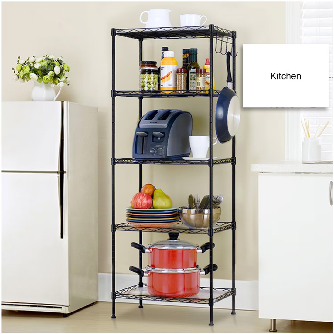 Generic-5 Tier Wire Shelves Heavy Duty Height Adjustable Storage Wire Shelf Shelving Rack Microwave Stand with 4 Side Hooks Leveling Feet