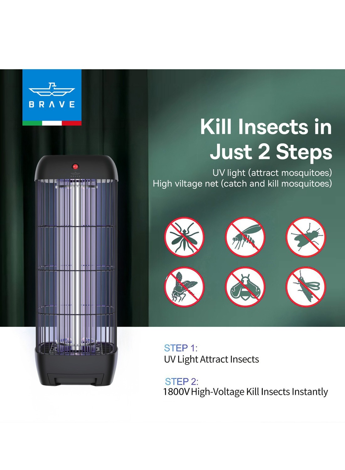 Brave 15W 1800V Electric Mosquito Killer Bug Zapper Indoor &amp; Outdoor UV Lamp Insect Trap Safe &amp; Chemical-Free Quiet &amp; High-Efficiency Wide Coverage Easy to Clean