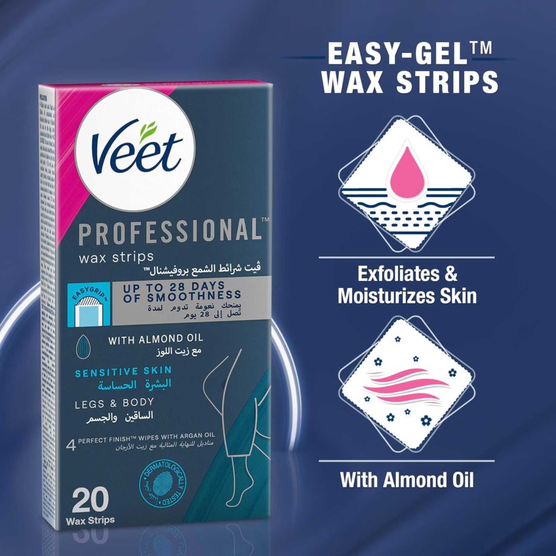 Veet Professional Hair Removal Easy-Gel Legs &amp; Body Wax Strips With Almond Oil For Sensitive Skin Perfect Finish Wipes With Argan Oil Up To 28 Days Of Smoothness, 20 Wax Strips