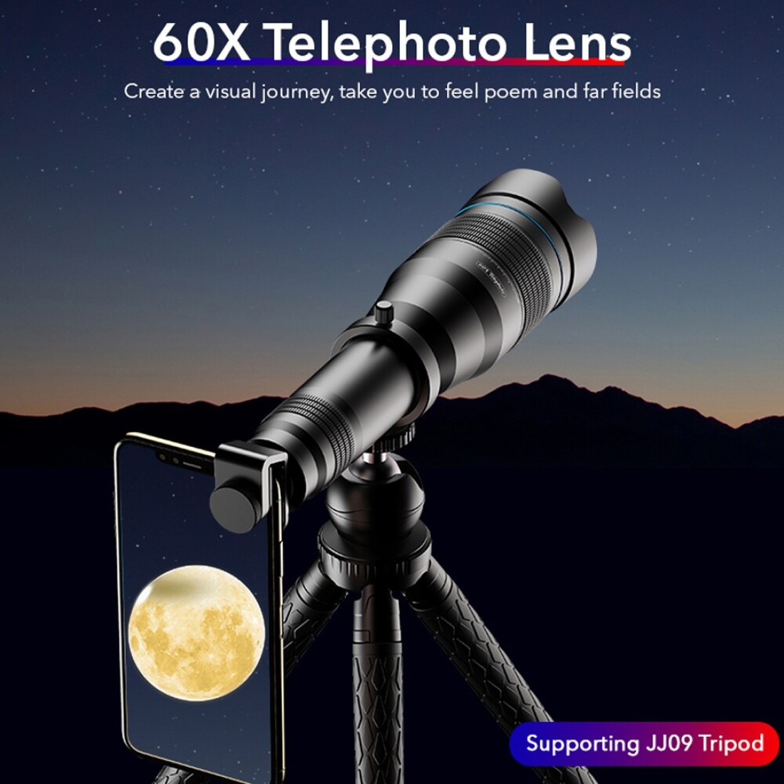 APEXEL-APL-JS60XJJ09 Metal 60X HD Phone Telephoto Zoom Lens Kit Monocular Telescope with Mini Extendable Tripod Eye Cup Metal Clip Portable Lens Bag Universal for Most Smartphones for Travel Hunting