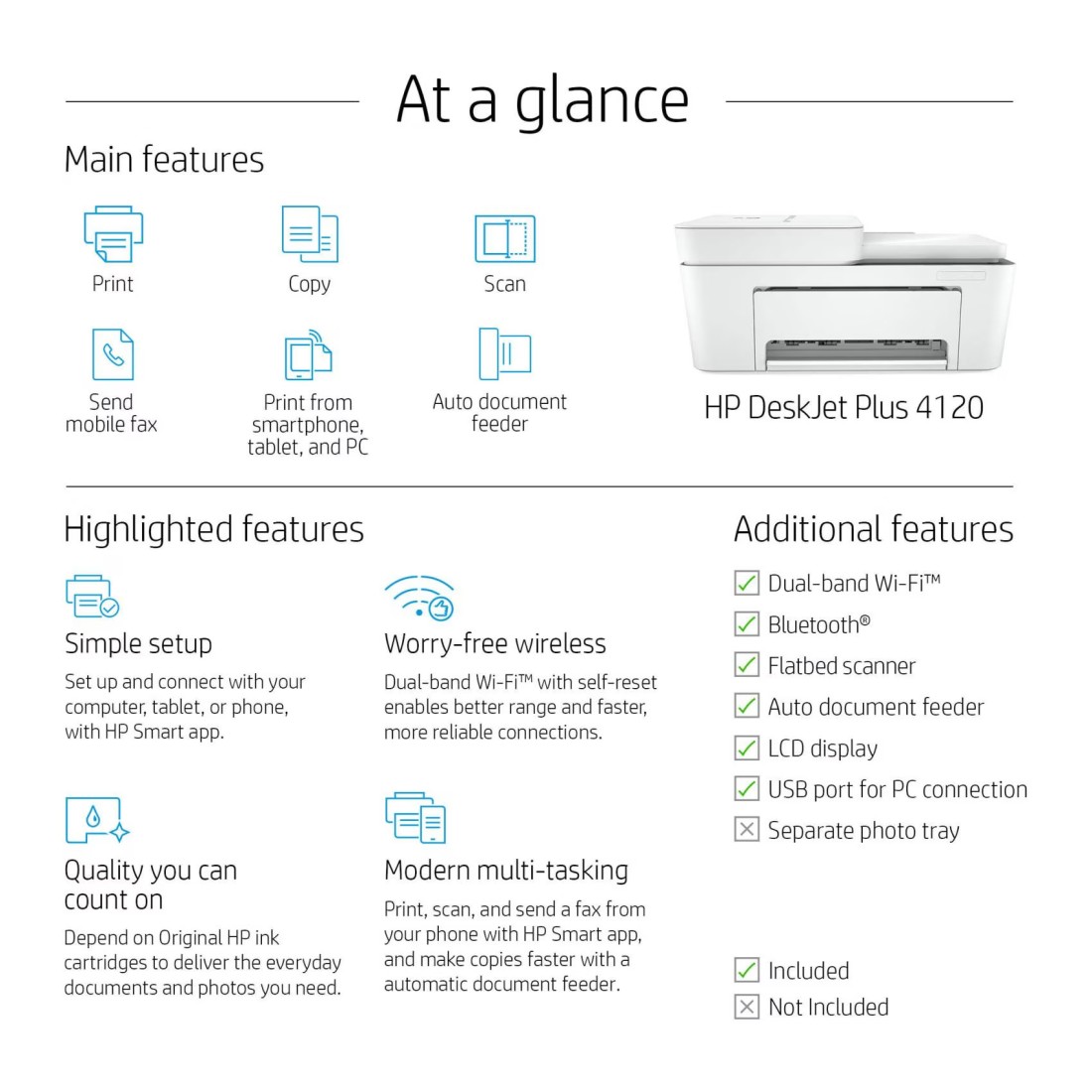HP DeskJet Plus 4120 All-in-one Printer Wireless Print Copy Scan &amp; Send mobile Fax - white
