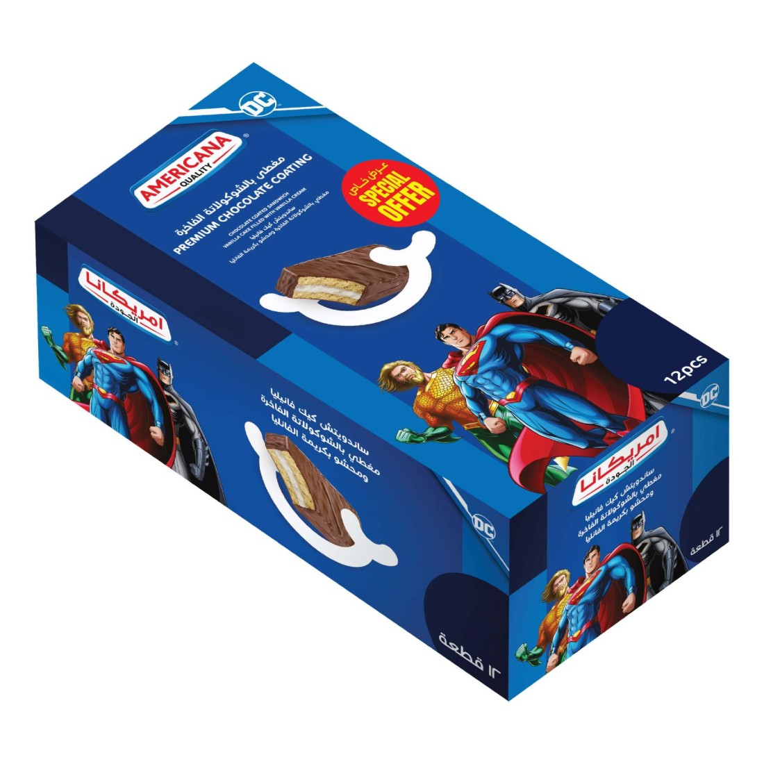 Americana DC Spiderman Premium Chocolate Coating Sandwich Vanilla Cake Filled With Vanilla Cream 35g Pack of 12