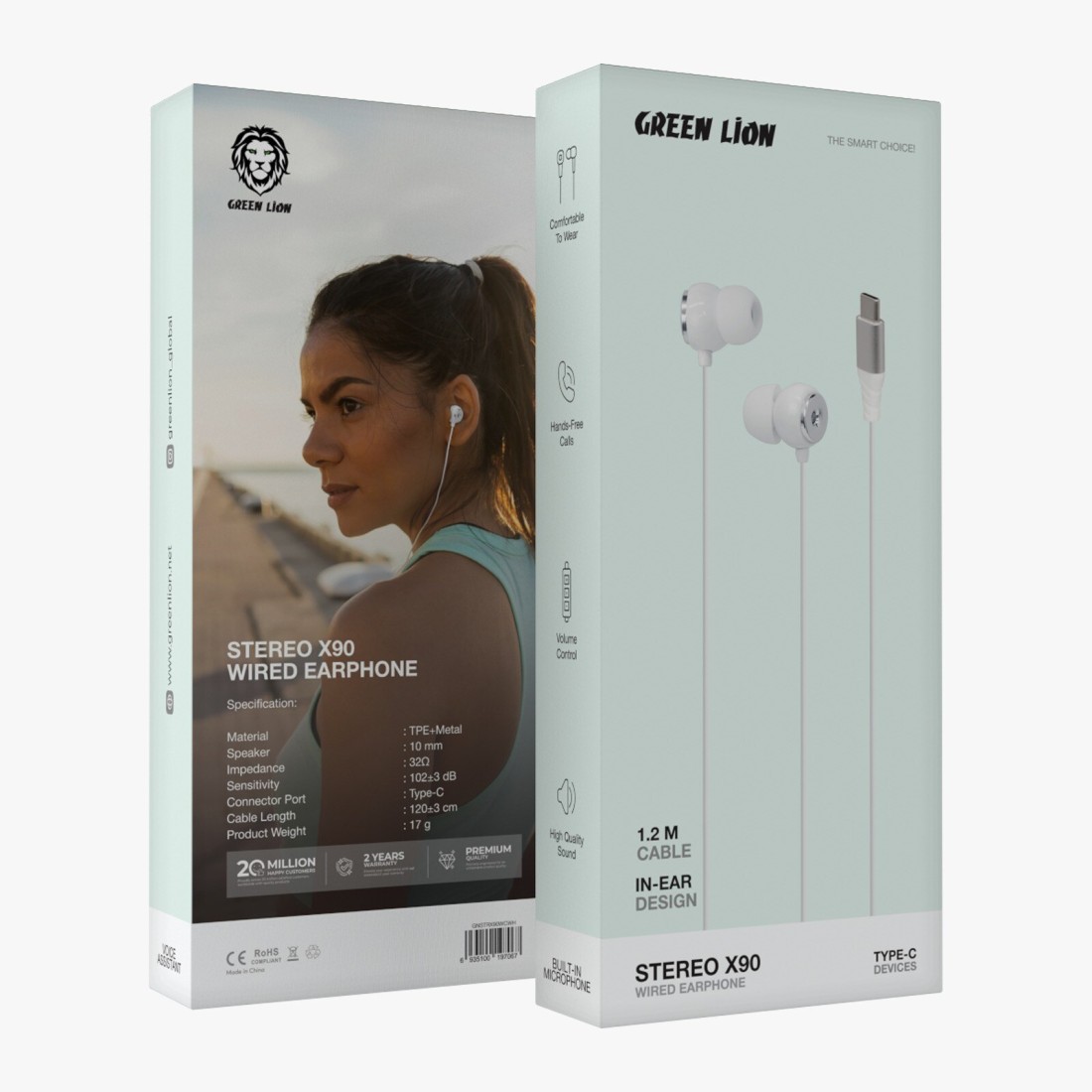 Green Lion Stereo X90 Type C Wired Earphone, 10mm Speaker, Stereo Sound, Built-In Microphone, Hands-Free Calls, Volume Control, Voice Assistant, 1.2m Cable - White