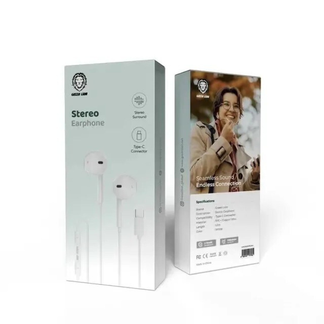 Green Lion Wired Stereo Earphones With Type-C Connector, Stereo Surround, Seamless Sound, Endless Connection, Durable TPE + Copper Wire, 1.2M Cable Length, Clear Sound - White