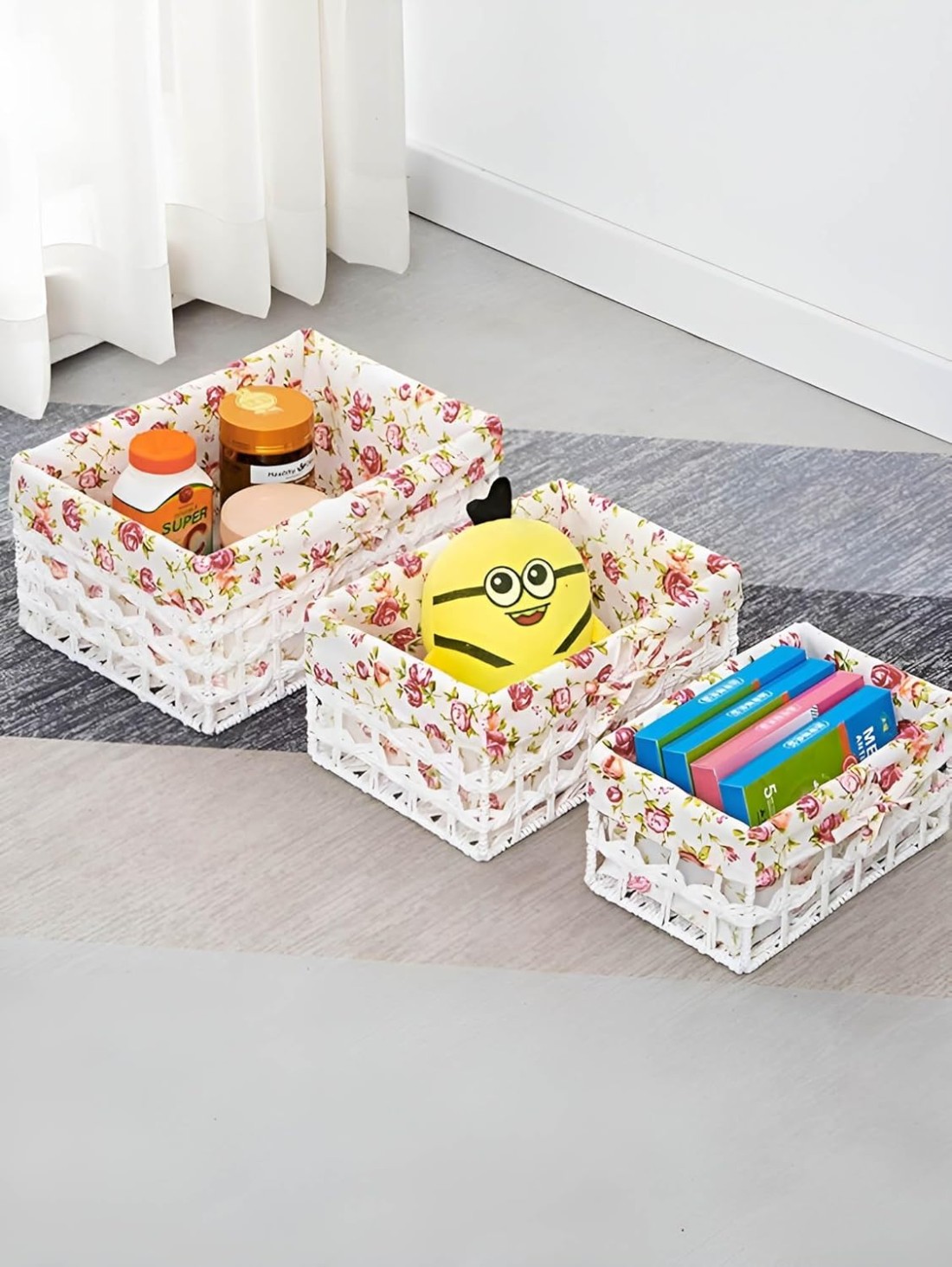 Set of 3 Eco-Friendly Handwoven Storage Baskets &ndash; Durable Woven Bins with Sturdy Plastic Frame and Removable Liners for Toys, Books, and Toiletries &ndash; Decorative and Versatile Home Organization - Pink