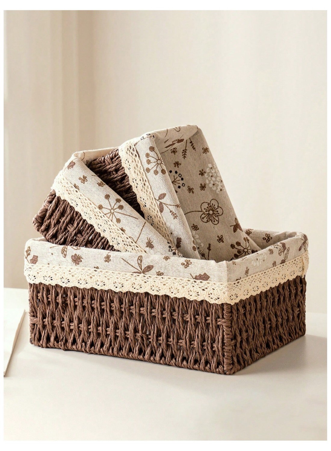 Set of 3 Eco-Friendly Handwoven Storage Baskets &ndash; Durable Woven Bins with Sturdy Plastic Frame and Removable Liners for Toys, Books, and Toiletries &ndash; Decorative and Versatile Home Organization - Brown