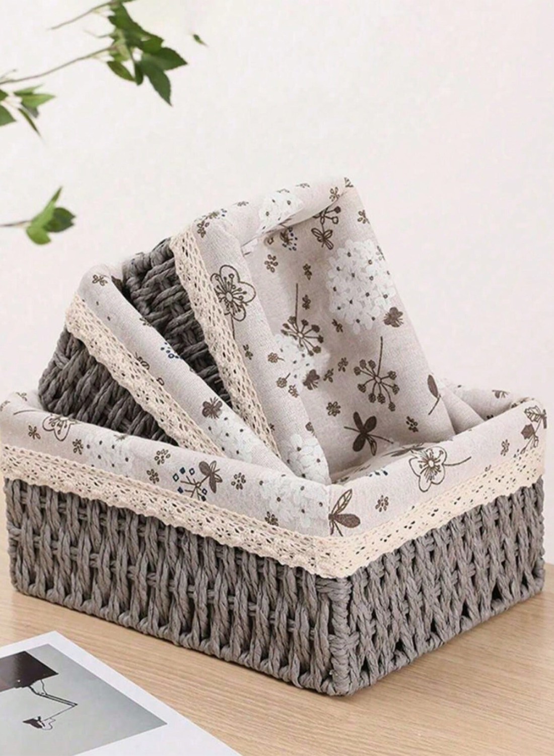 Set of 3 Eco-Friendly Handwoven Storage Baskets &ndash; Durable Woven Bins with Sturdy Plastic Frame and Removable Liners for Toys, Books, and Toiletries &ndash; Decorative and Versatile Home Organization - Grey