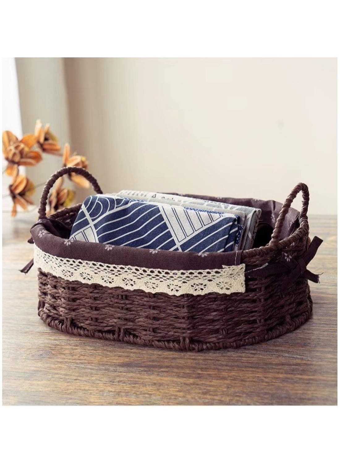 Set of 2 Eco-Friendly Oval Handwoven Storage Baskets with Handles, Durable Woven Bins with Sturdy Frame and Removable Liners for Home Organization in Living Room, Bedroom, Bathroom and Nursery-Brown