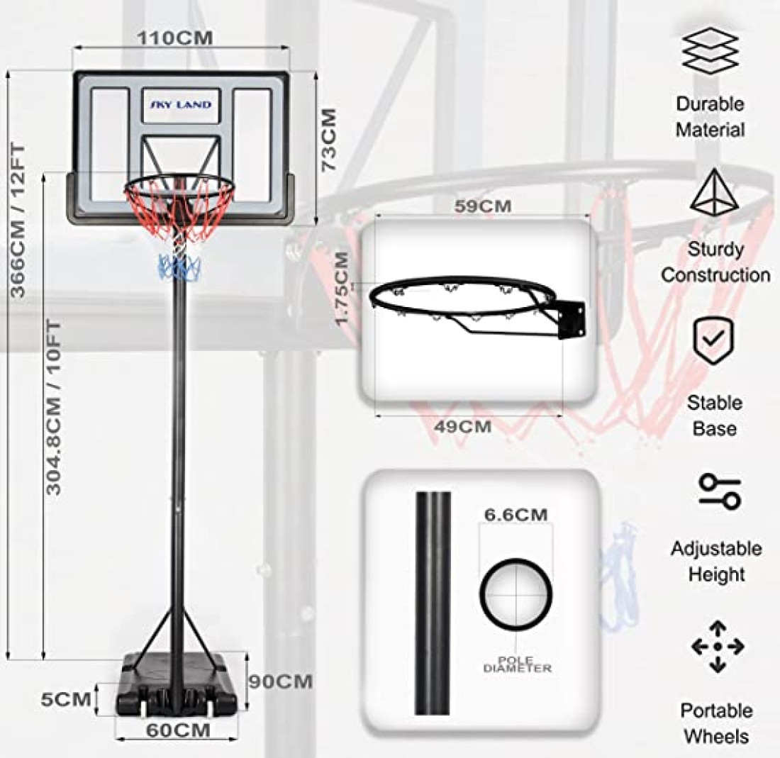 SKY LAND Sports Basketball Hoop Basketball Goal on Wheels Adjustable Height 5 - 10 FT, 44&quot; Backboard For Adults &amp; Kids, Outdoor Basketball Stand, EM-1873