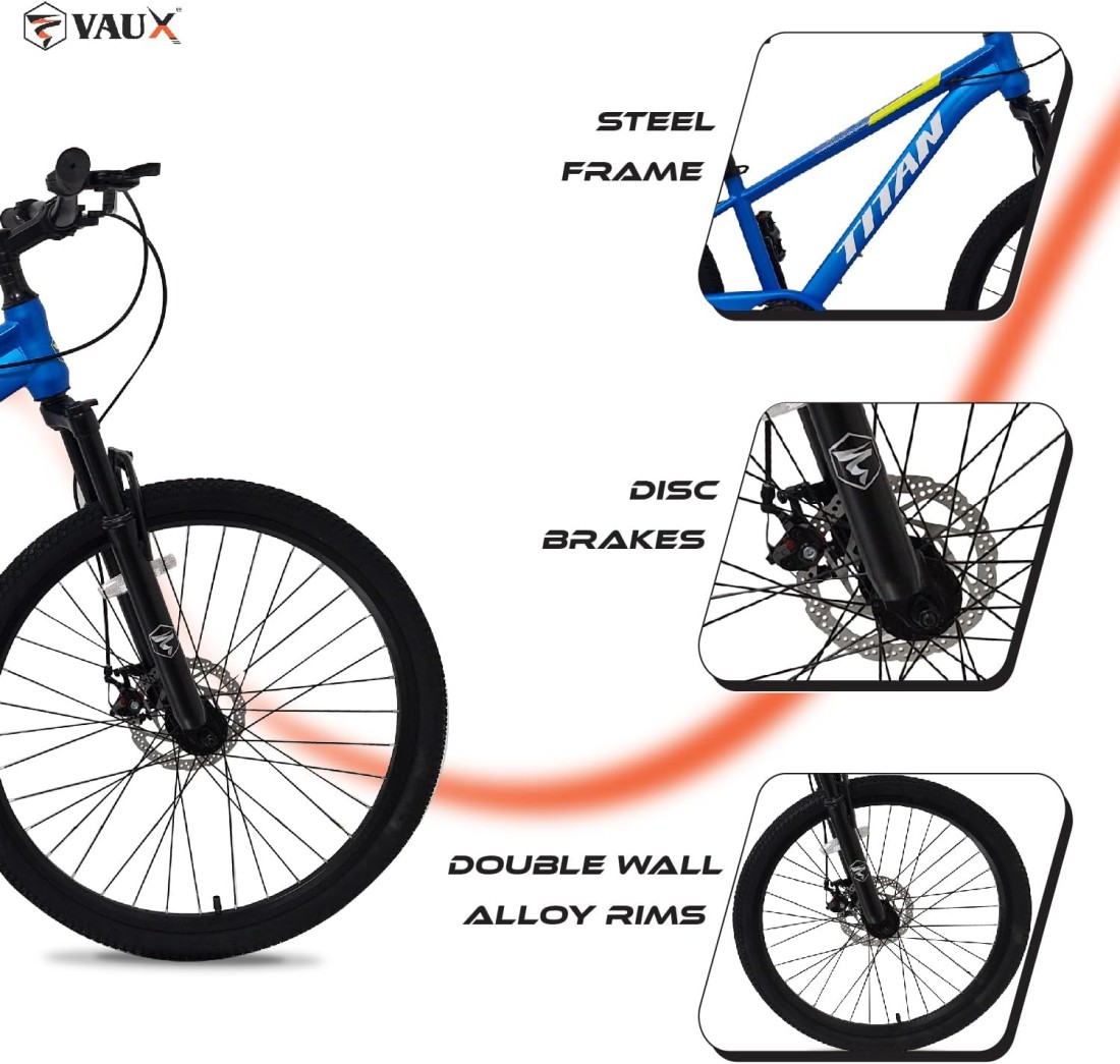 Vaux Titan 26&rdquo; Mountain Bike &ndash; Steel Frame, Front Suspension Fork with Lock, Double Wall Alloy Rims, Front &amp; Rear Disc Brakes, Threadless Headset, Quick Release Seat Post &ndash; MTB Bicycle