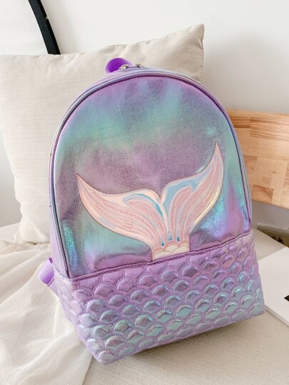 Girls Holographic Quilted Pattern Fish Tail Decor Classic Backpack