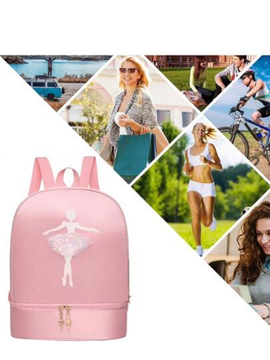 1pc Solid Color Zipper Closure Oxford Cloth Embroidered Dancer Motif Cute Backpack With Separate Shoe Compartment Suitable For Daily Use