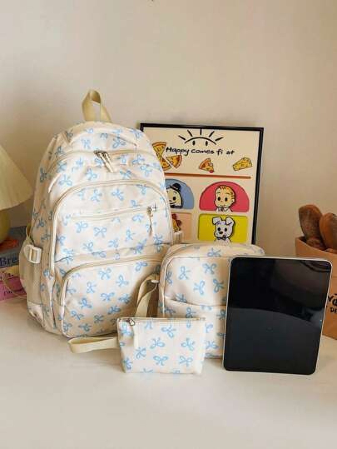 3pcs Nylon Bow Print Backpack Set Foldable Multi Po Cket Large CapacityWater Resistant Zipper Backpack Suitable F Or Teenagers High School College Students Ladies Daily Use Commuting Traveling Gifts F
