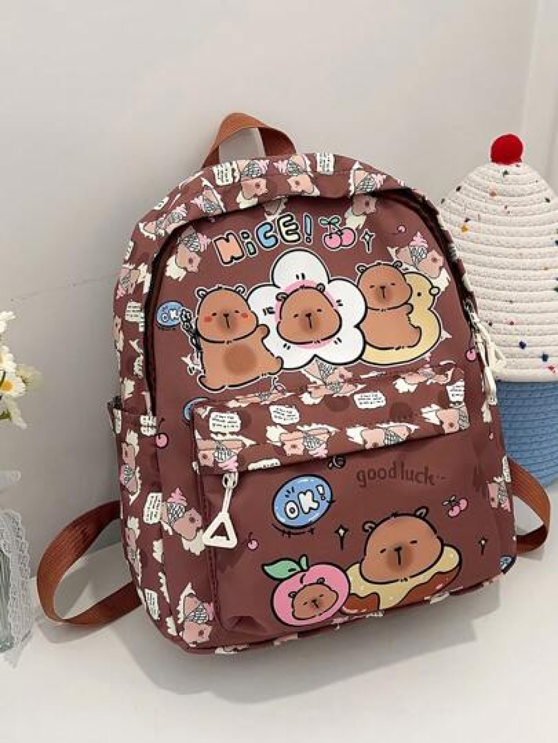 1pc Cute Capybara Backpack Cartoon Animal Print Casual Style Back To School Backpack With Zipper Closure And Adjustable Shoulder Straps Suitable For Campus And Travel
