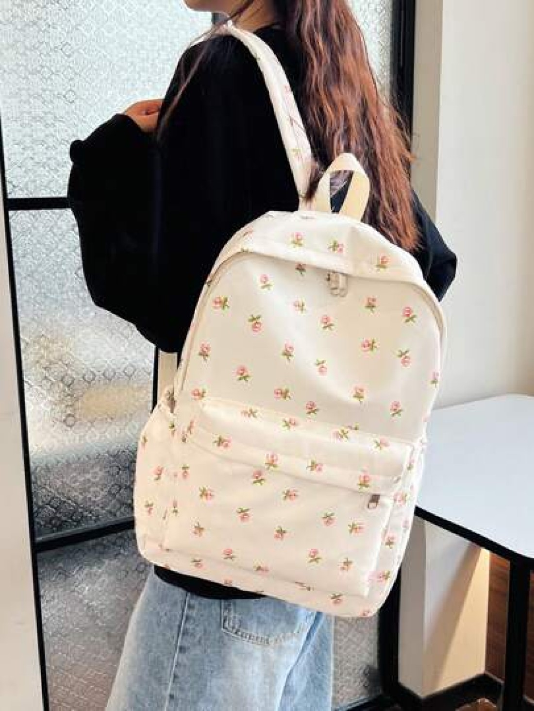 1pc White Nylon Floral Print Dual Zipper Large Capacity Fashionable Versatile Backpack Student Bag