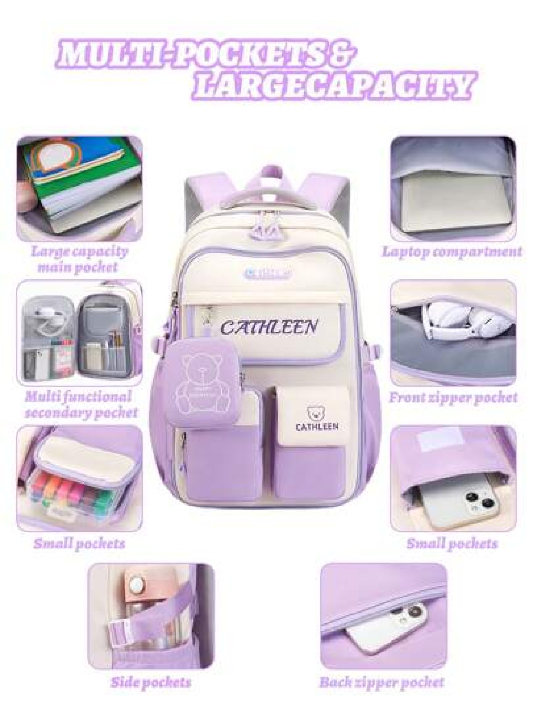 1pc Large Capacity Multi Pocket School Backpack For Girls Cartoon Bear Purple Backpack Outdoor Travel Bag With Coin Pocket Padded Shoulder Strap Fashion Versatile Polyester Suitable For Teenage Girls