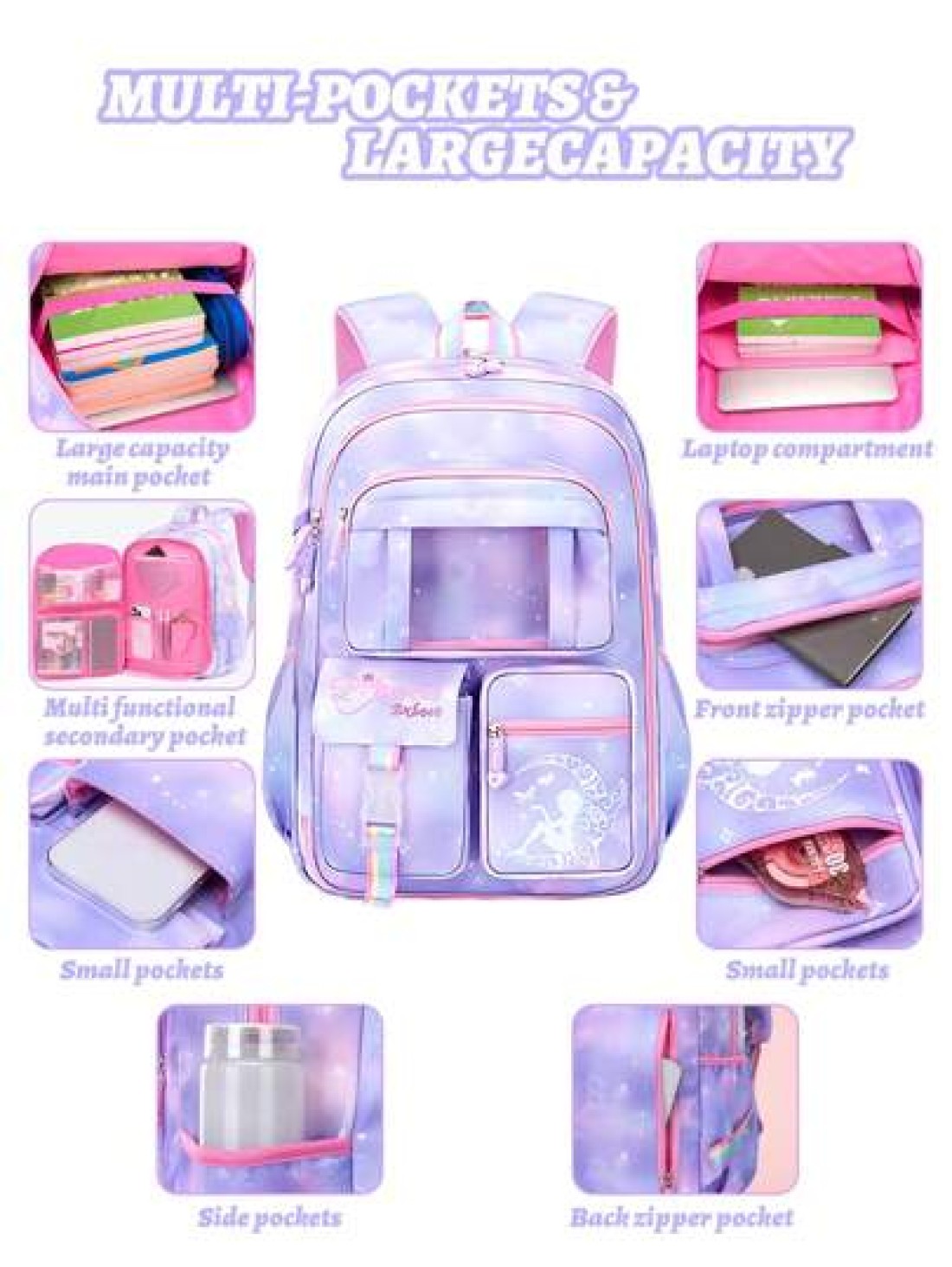 1pc Dream Girl Backpack Multi Pocket Children Backpack Cute Student School Bag Casual Durable Lightweight Travel Bag With Front Transparent Pocket And Anti Theft Pocket Ideal Birthday Gift For Girls G
