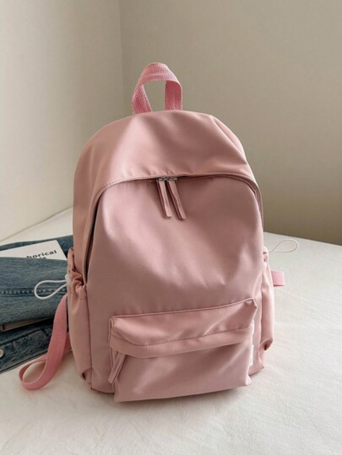 1pc Teens Simple Zipper Closure Backpack Fashion Versatile Solid Color School Bag Suitable For Daily Use