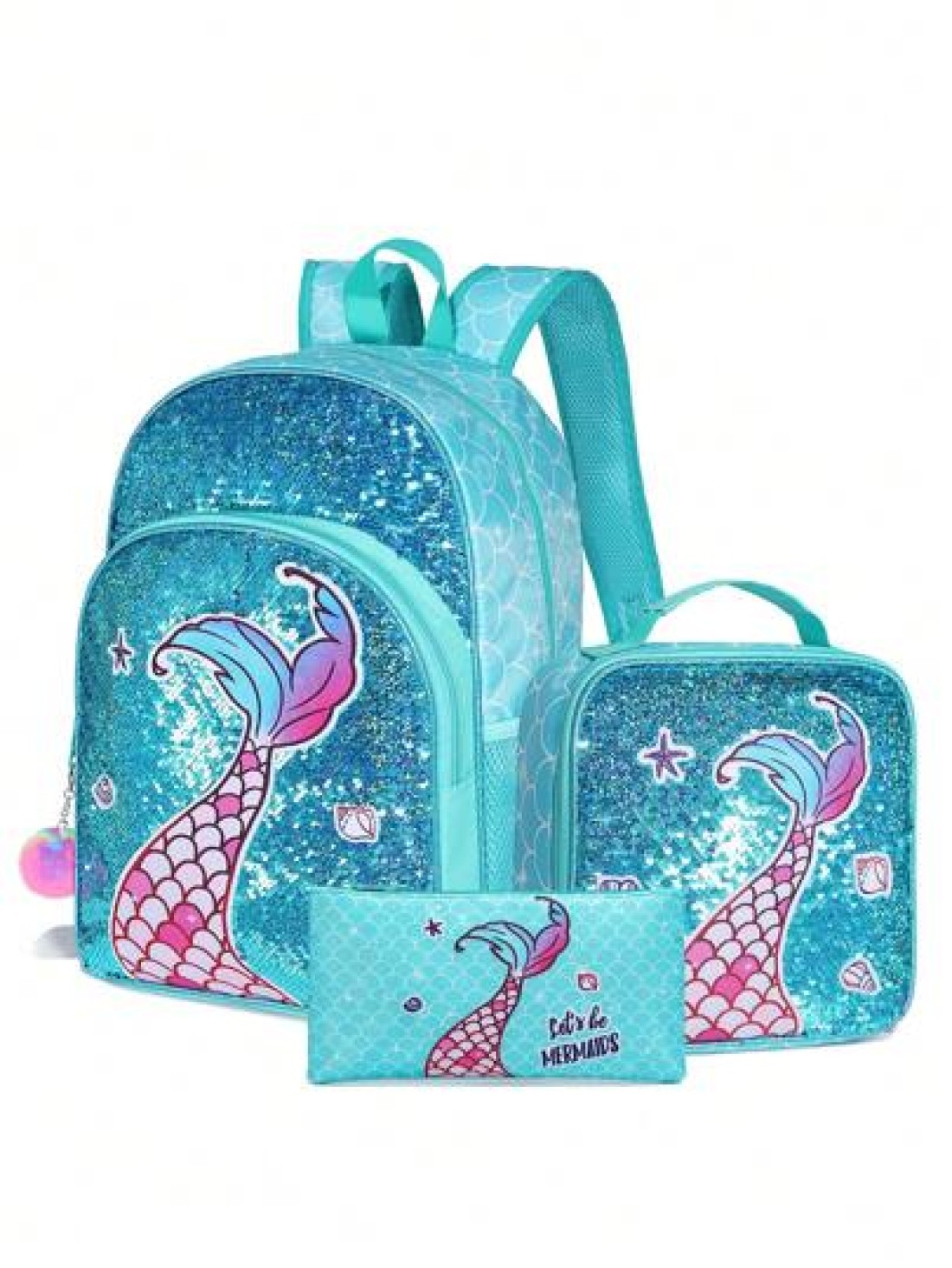 3PCSBackpack Sequined Backpack Shoulder Bag Lunch Box Pencil Case